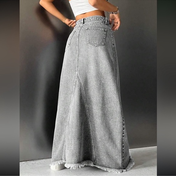 Boho Light Grey Raw Hem Jean Denim Pockets Maxi Skirt XS S M L - Picture 2 of 4